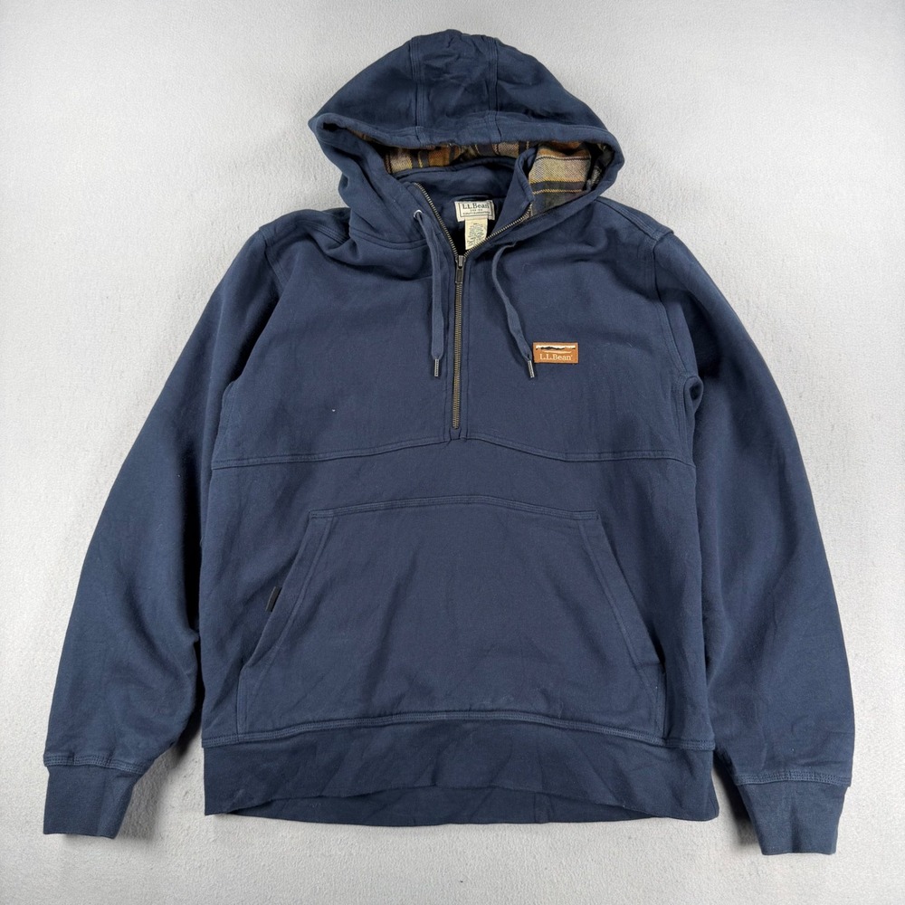 Y2K LL Bean Mens Navy Blue Plaid Lined Quarter Zip Hoodie Sweatshirt Medium